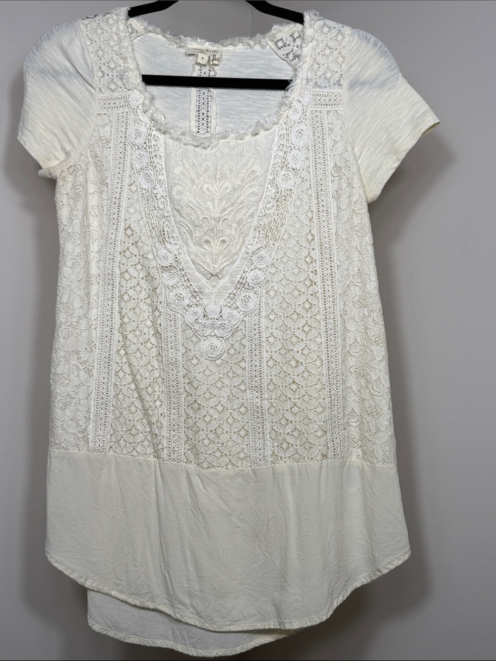 Meadow Rue by Anthropologie.  Ivory Lace Panel Short Sleeve Top